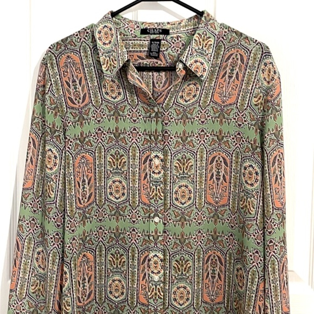 CHAPS Beautiful Green Floral Woman’s Long Sleeve Blouse, Size XL, NWT
